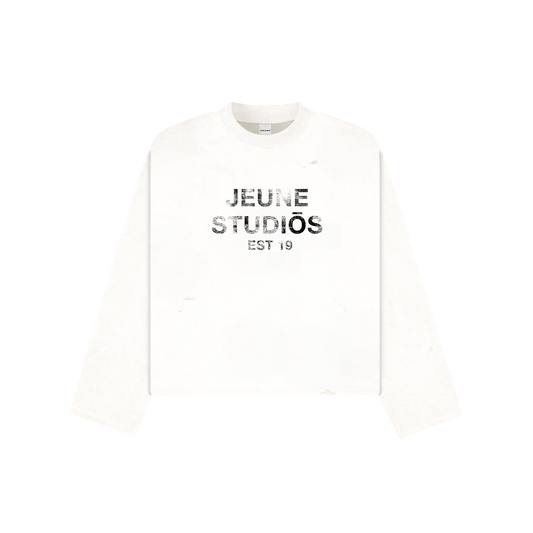 EST 19 DISTRESSED LONGSLEEVE WHITE